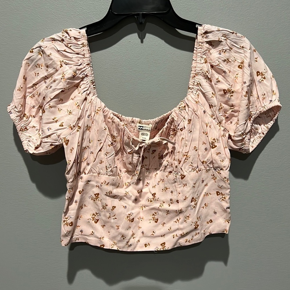 Pink Billabong Floral Crop With Puff Sleeves Size Medium nwot - Picture 2 of 6